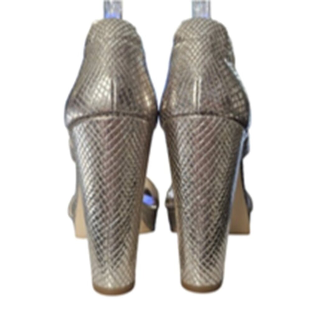 Michael Kors Women 8.5 Berkley Gold Leather T-Strap Zipper Platform Sandal Heels - Picture 7 of 11